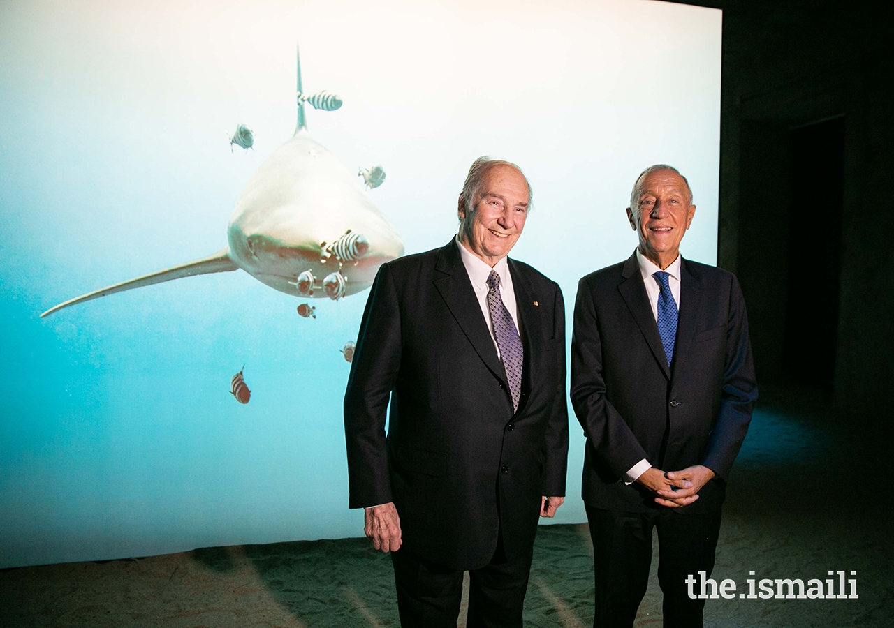 Mawlana Hazar Imam and President Marcelo Rebelo de Sousa at The Living Sea photo exhibition at the National Museum of Natural History and Science in Lisbon.