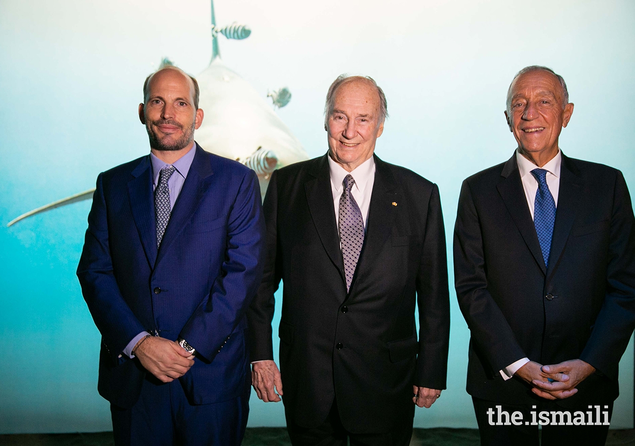 Prince Hussain, Mawlana Hazar Imam and President Marcelo Rebelo de Sousa at The Living Sea photo exhibition in Lisbon.