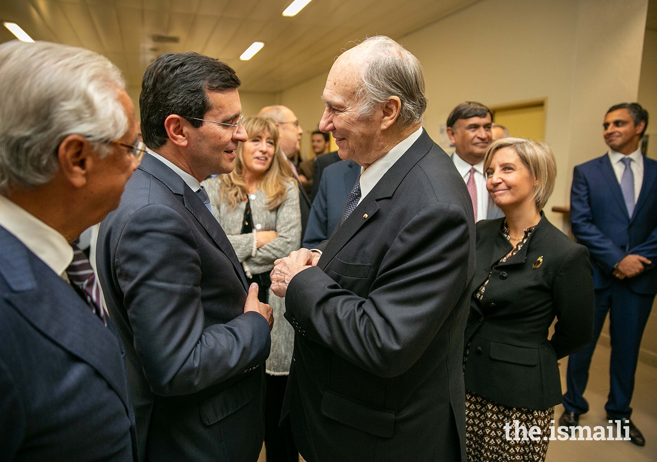 Mawlana Hazar Imam in conversation with former Portuguese Minister of Health, Professor Adalberto Campos Fernandes as current Minister of Health Marta Temido looks on.