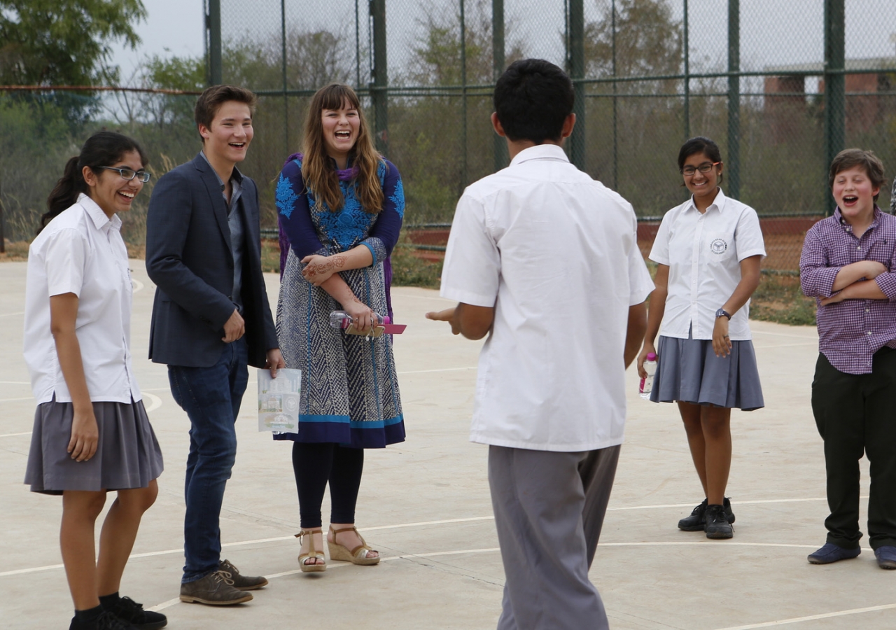 Prince Aly Muhammad, Sara, Iliyan and students share a few laughs on the basketball court of the Aga Khan Academy, Hyderabad. Nazim Lokhandwala