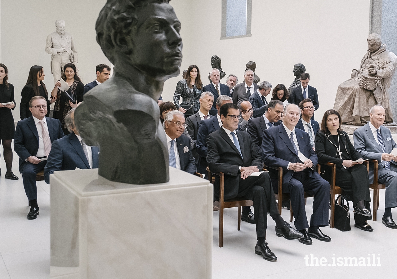 Mawlana Hazar Imam and guests listen to a performance by Orquestra Barroca from Casa da Música, a leading musical institution located in Porto, in the Galeria de Escultura.