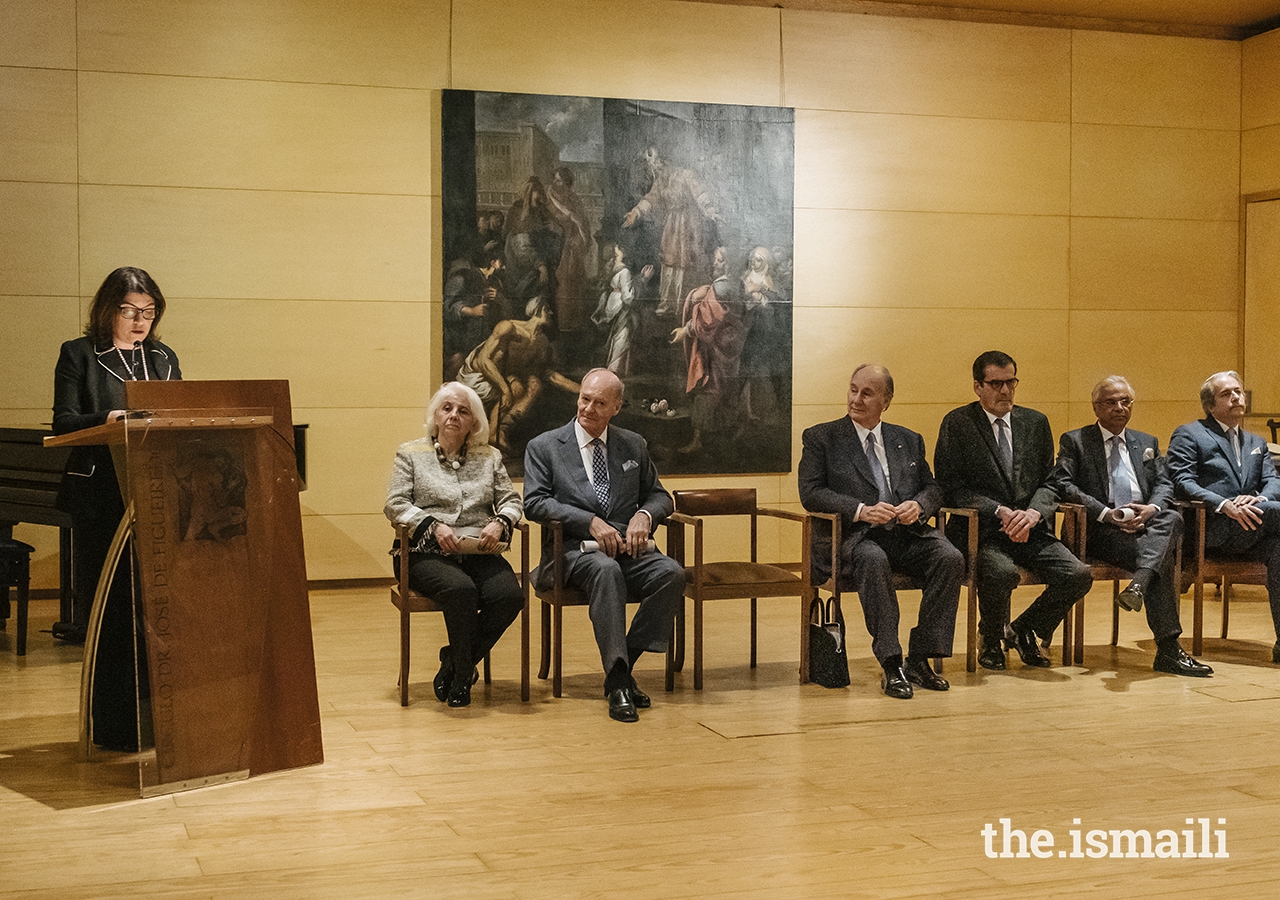 Portugal’s Secretary of State for Culture Angela Ferreira speaks at the donation ceremony. The painting entitled “Presentation of the Virgin at the Temple,” which was donated to the Museum by Mawlana Hazar Imam and Prince Amyn, is seen in the background.