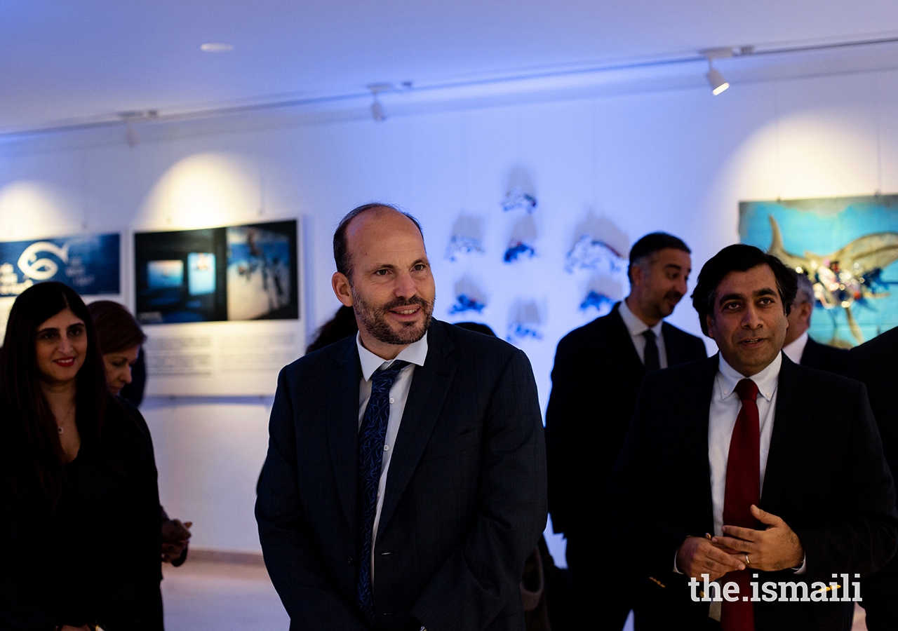 Prince Hussain at the inauguration of an exhibition of artwork designed by students from the Portugal Jamat’s Talim (religious education) classes at the Ismaili Centre, Lisbon.