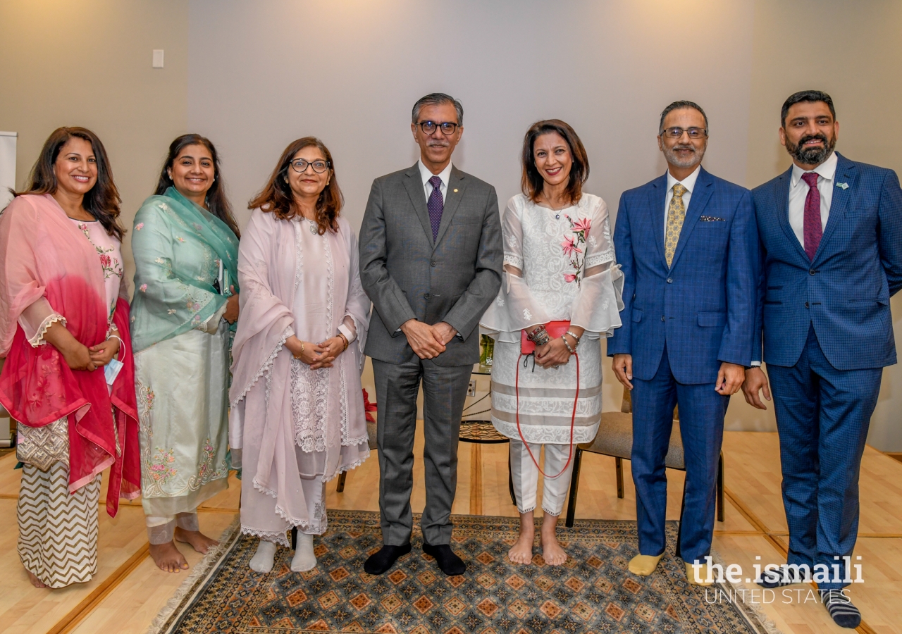 President Salima Jaffer of the Ismaili Council for the Southeastern USA and Mukhi- Kamadia Saheban at the Ismaili Jamatkhana in Norcross, Georgia, with Dr. Zeenat Shahabuddin, Regional CEO for Aga Khan Health Services–East Africa, and President of the Aga Khan University, Dr. Sulaiman Shahabuddin.