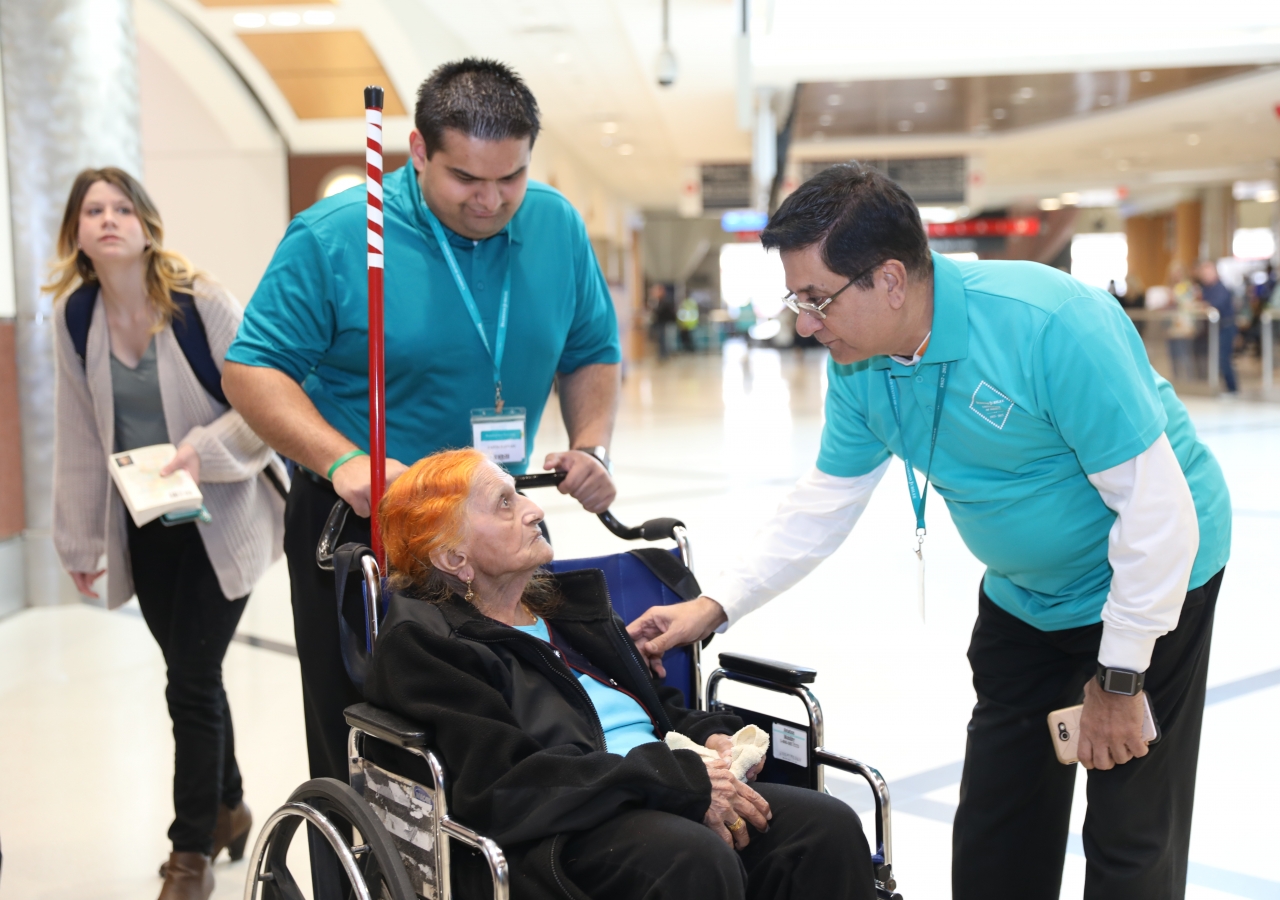 Seniors of the Jamat are greeted by volunteers at Atlanta Airport on March 13, 2018.