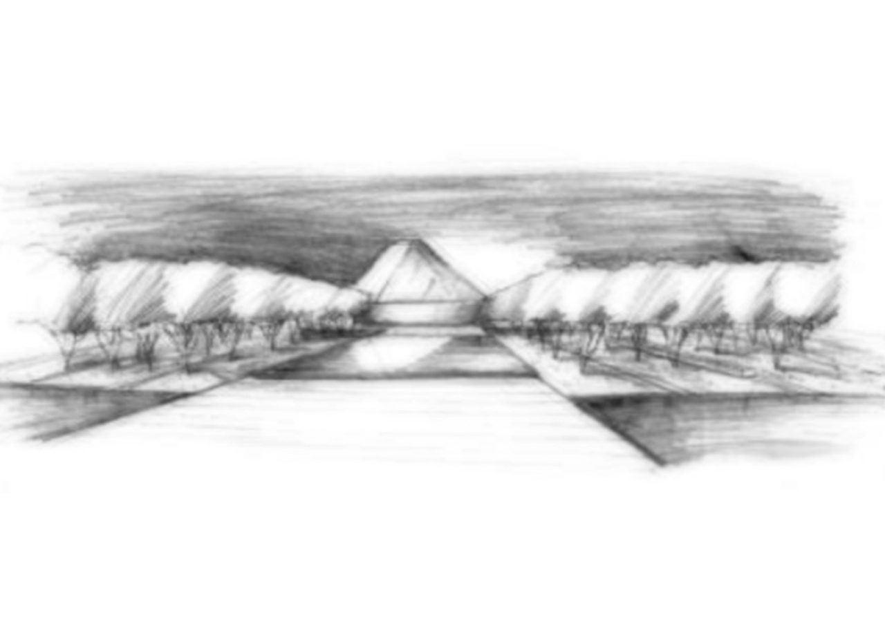 A conceptual pencil sketch of the Aga Khan Park in Toronto, designed by landscape architect Vladimir Djurovic. AKTC