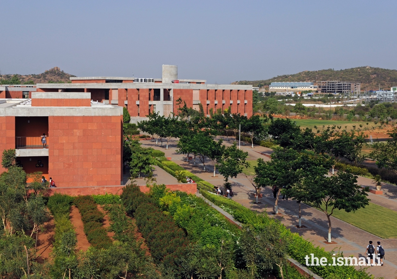 Ariel view of the Aga Khan Academy's campus in Hyderabad. The Academies provide state-of-the-art sporting facilities, where students can excel in football, basketball, swimming, cricket, and hockey, among other sports.