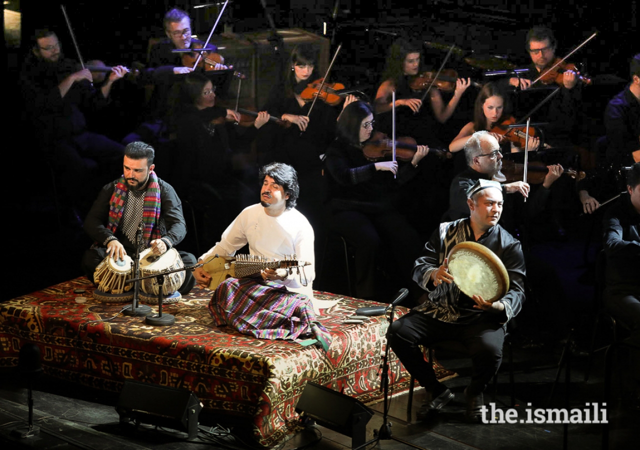 Siar Hashimi, Homayoun Sakhi, and Abbos Kosimov performing at the first event of the inaugural Aga Khan Music Awards.