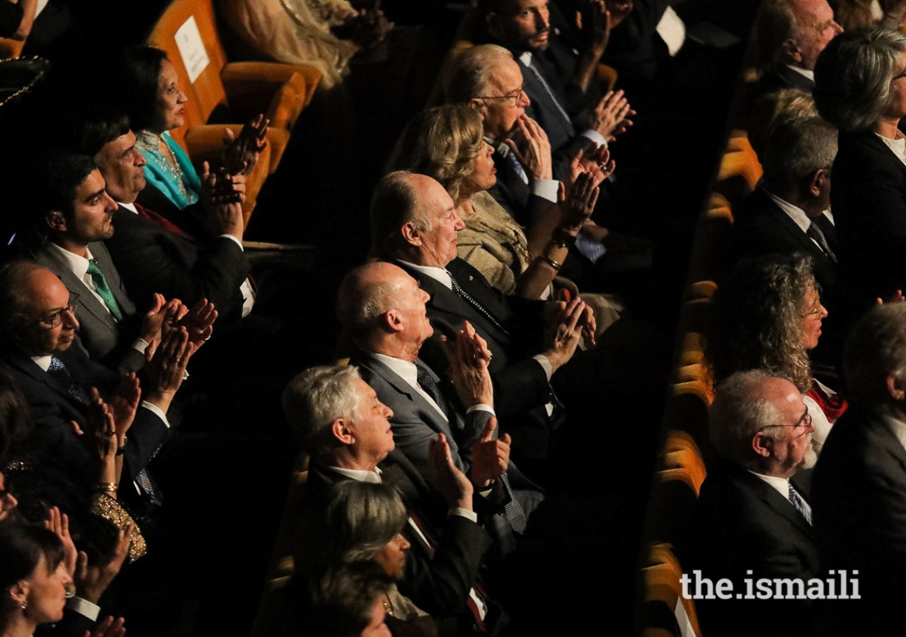 Mawlana Hazar Imam, member of his family, Isabel Mota, and other dignitaries enjoying the concert at the inaugural Aga Khan Music Awards.