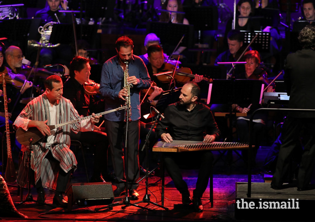 Master Musicians performing along with the Gulbenkian Orchestra at the first event of the inaugural Aga Khan Music Awards.