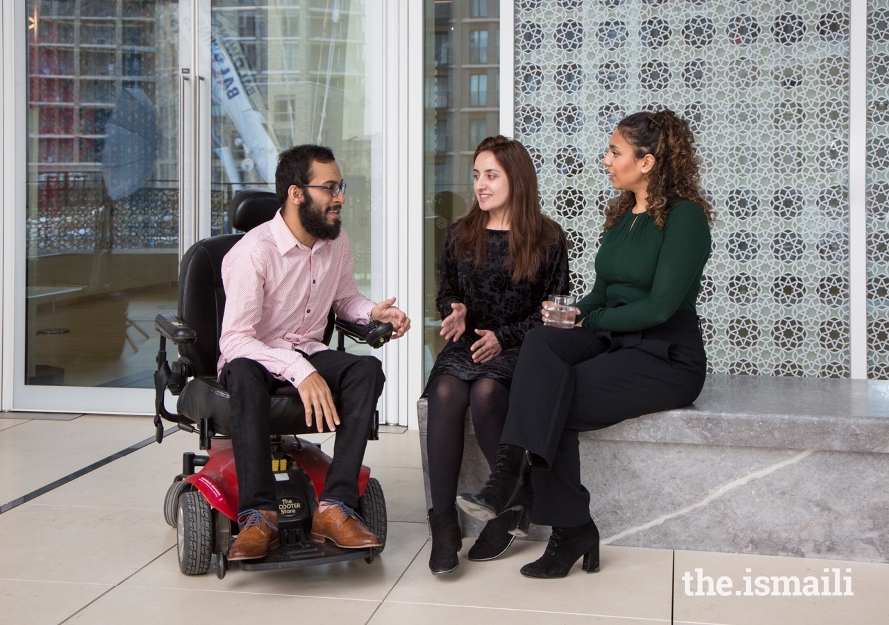 IIS students in conversation in the Garden of Tranquility at the Aga Khan Centre.