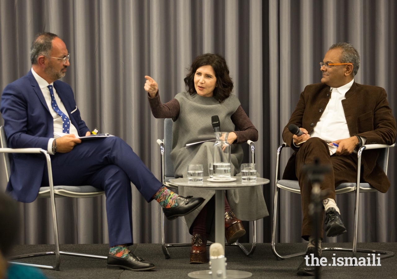 World-renowned architect Farshid Moussavi (centre) participates in an Aga Khan Award for Architecture panel discussion at the Aga Khan Centre, alongside Farrokh Derakhshani (left) and Hanif Kara (right).