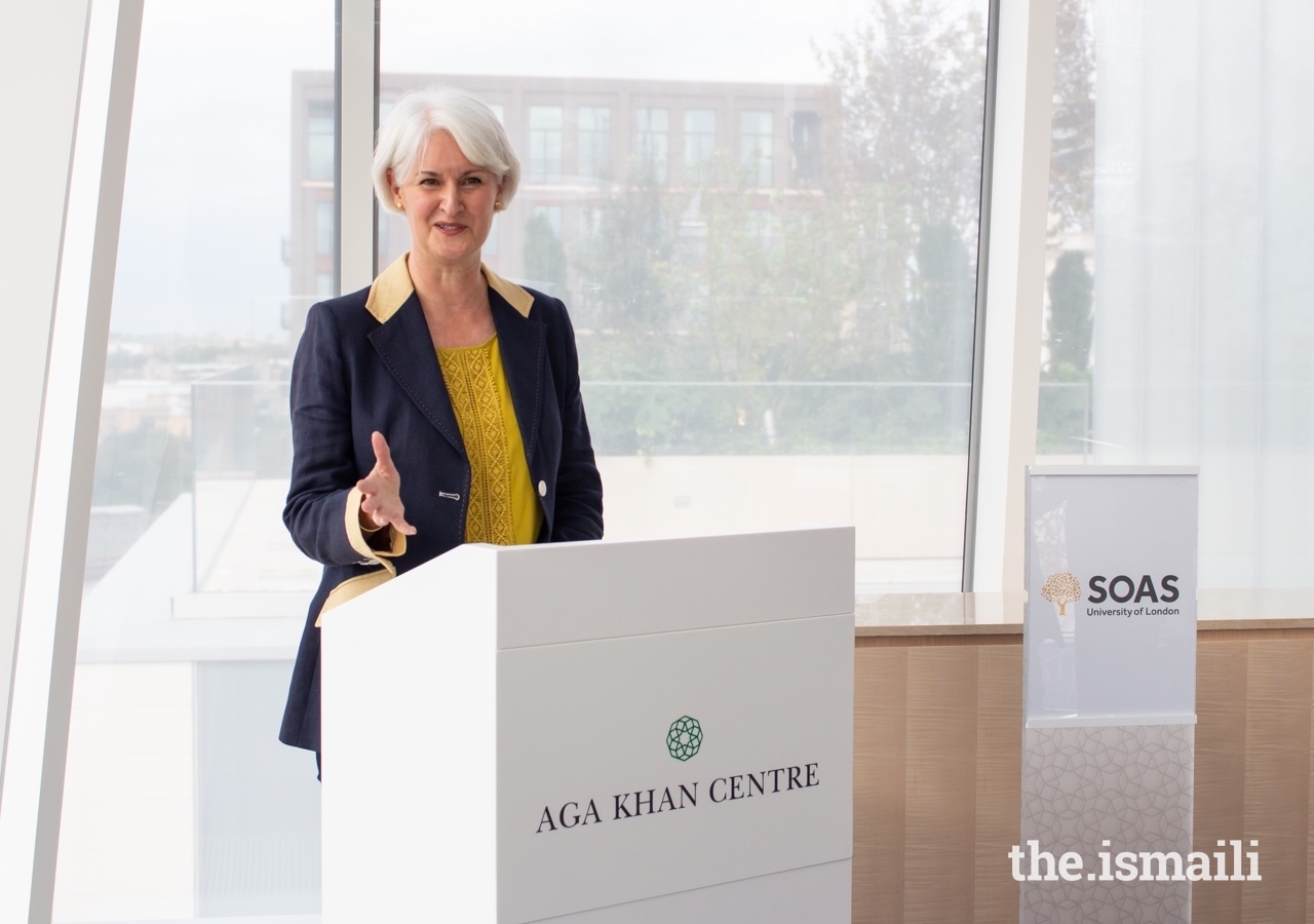 Professor Deborah Johnston, Pro-Director of Learning and Teaching at SOAS, addresses guests at the signing of a Memorandum of Understanding with the Institute of Ismaili Studies.