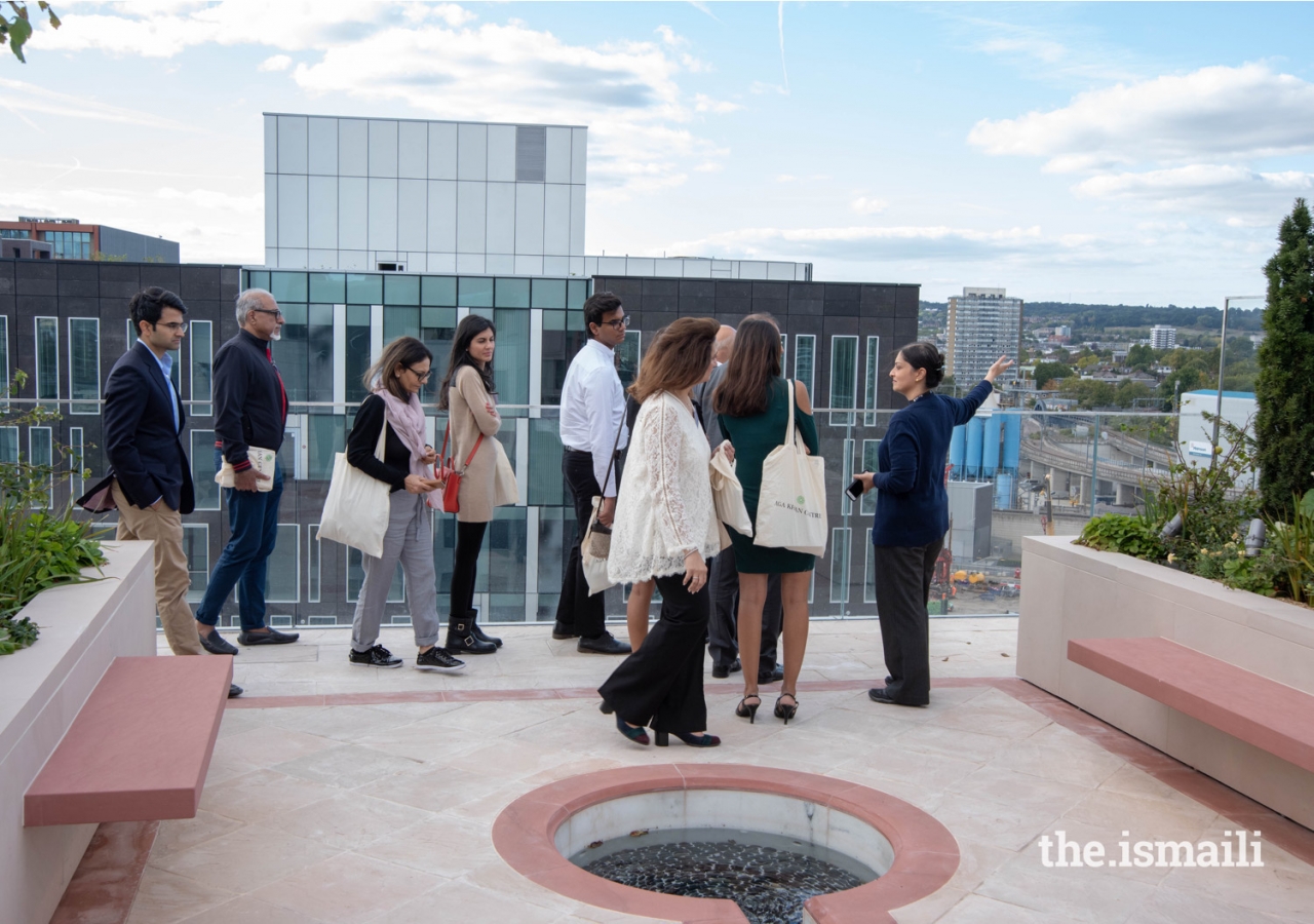 Supporters are given a guided tour of the Aga Khan Centre in London’s King’s Cross, along with its series of gardens, courtyards, and terraces.