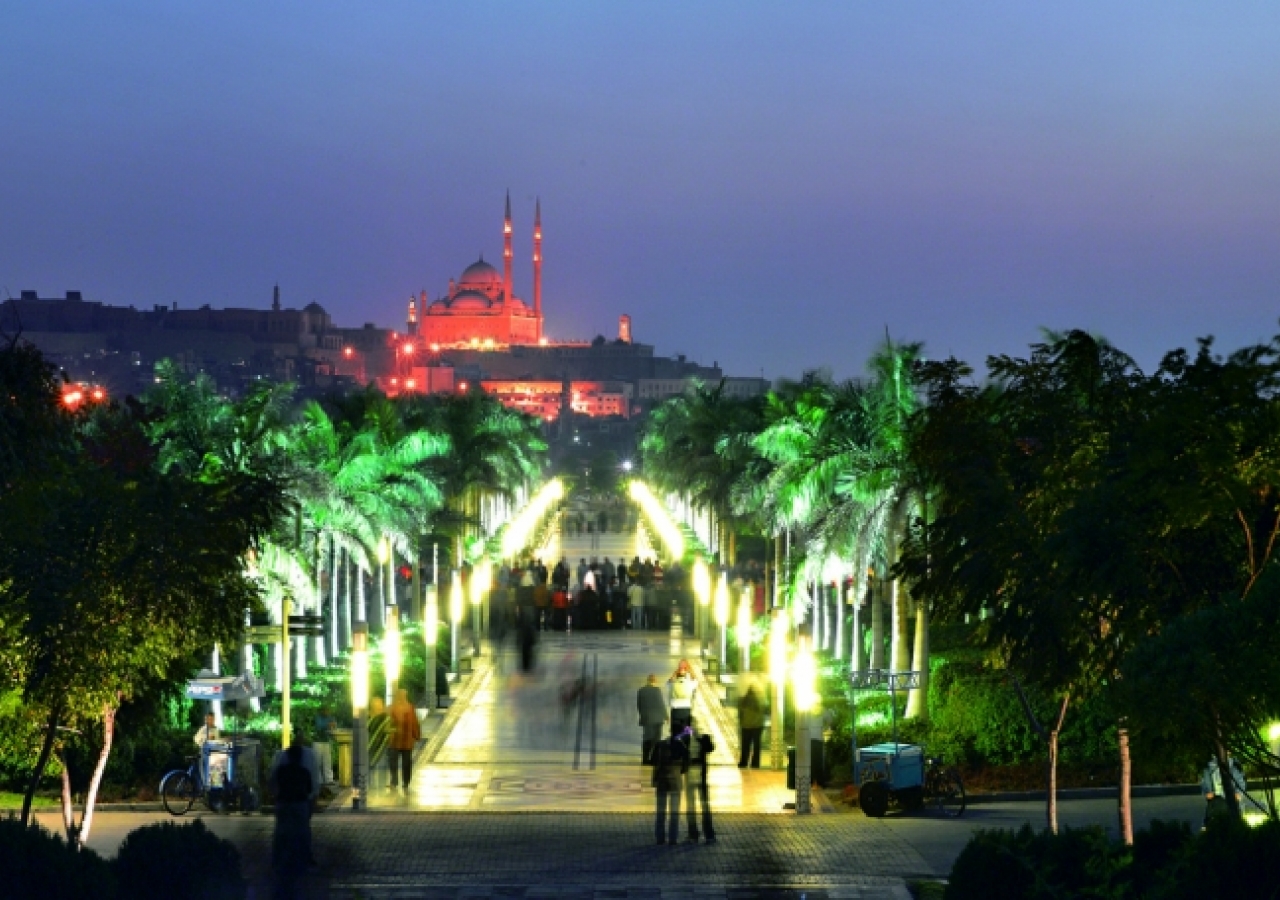 Al Azhar Park, view down the central spine and palm avenue toward the Citadel of Cairo. 