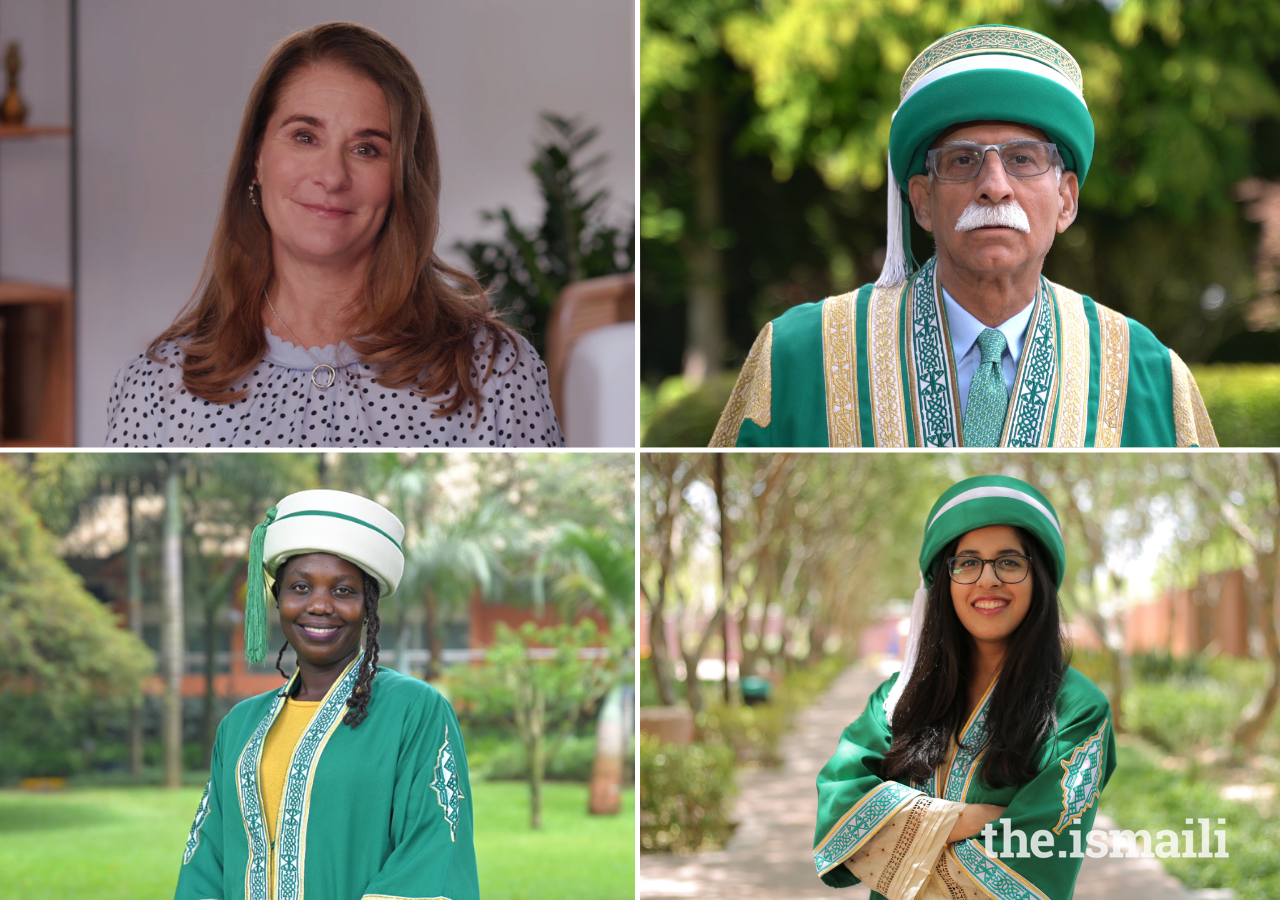 Top: Chief Guest Melinda French Gates and AKU President Firoz Rasul. Bottom: Student valedictorians Scoviah Masudio and Anam Ehsan.