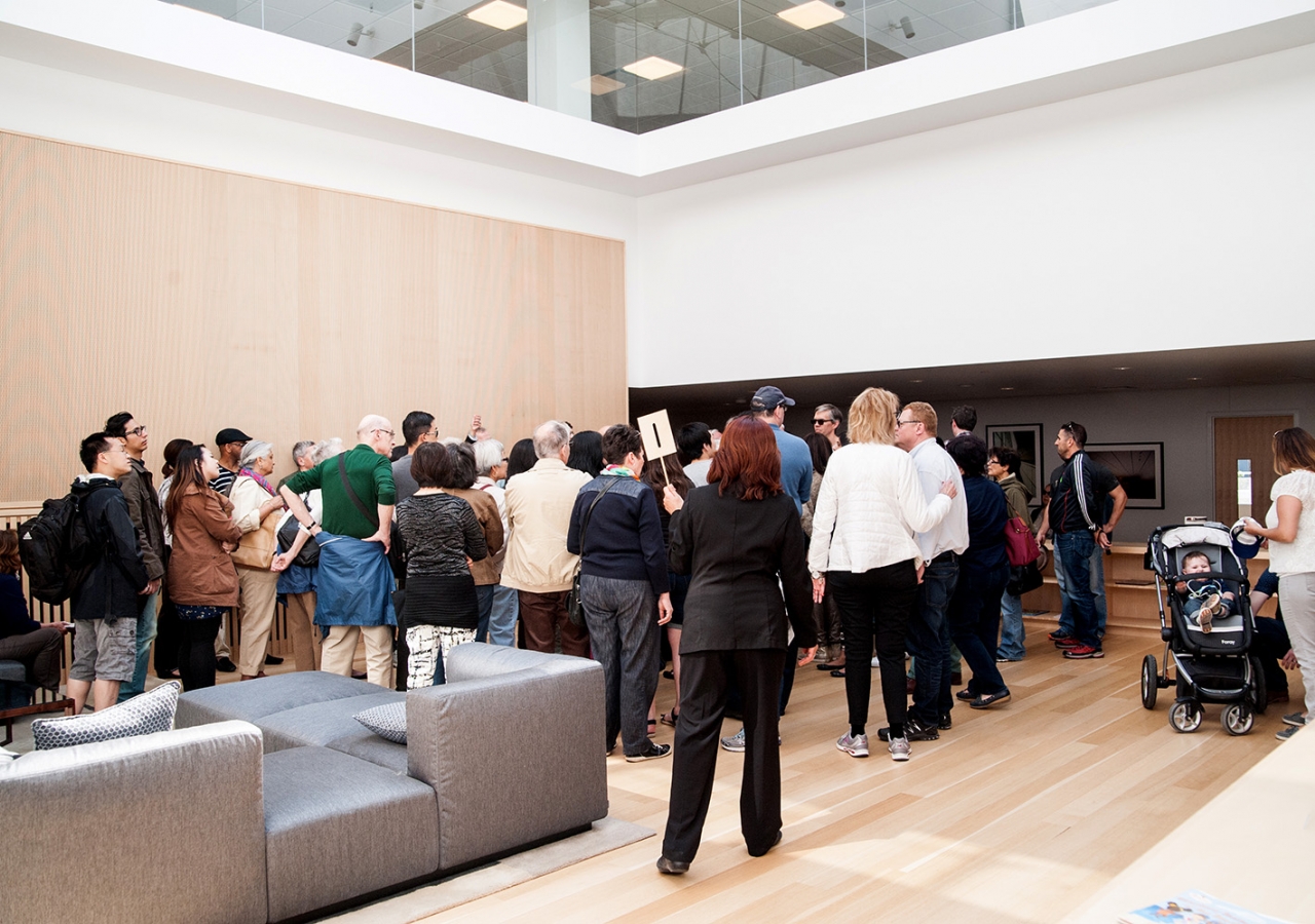 Doors Open visitors gather under the skylight in the atrium lounge of the Ismaili Centre, Toronto. Amir Hemraj