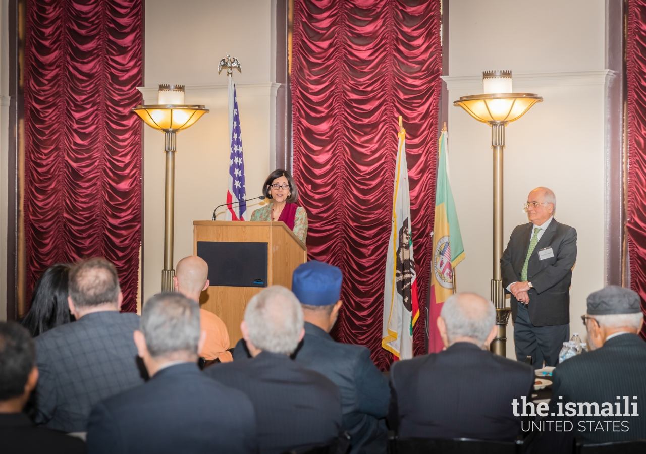 Dr. Shaheen Kassim-Lakha is addressing the Iftar audience at Los Angeles City Hall.