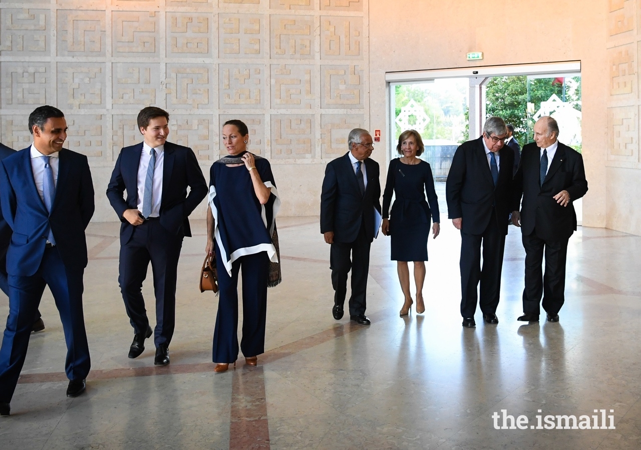 L to R: President Rahim Firozali of the Ismaili Council for Portugal, Prince Aly Muhammad, Princess Zahra, Nazim Ahmad, Maria Filomena Lopes Peixoto de Aguiar, President of the Assembly of the Republic, His Excellency Eduardo Ferro Rodrigues, Mawlana Hazar Imam.