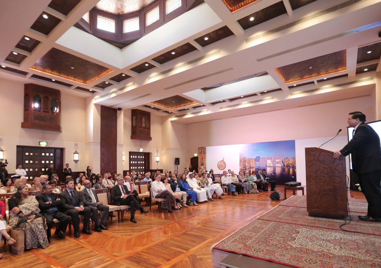 Aga Khan Museum Director and CEO Henry Kim addresses a gathering of the Art Dubai Collectors Circle Programme at the Ismaili Centre. Ismaili Council for the UAE