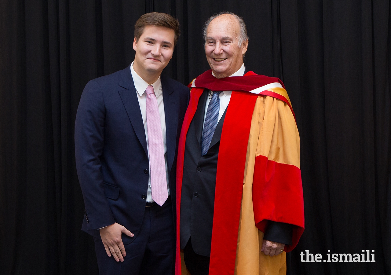 Father and son — Mawlana Hazar Imam and Prince Aly Muhammad — pose for a photo after the University of Calgary conferral ceremony.