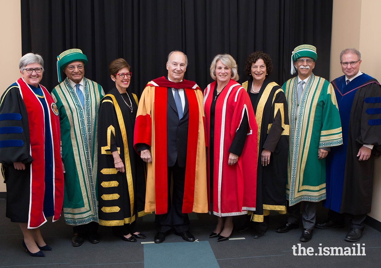 Mawlana Hazar Imam with senior leadership of the University of Calgary, Aga Khan University, and University of Central Asia.