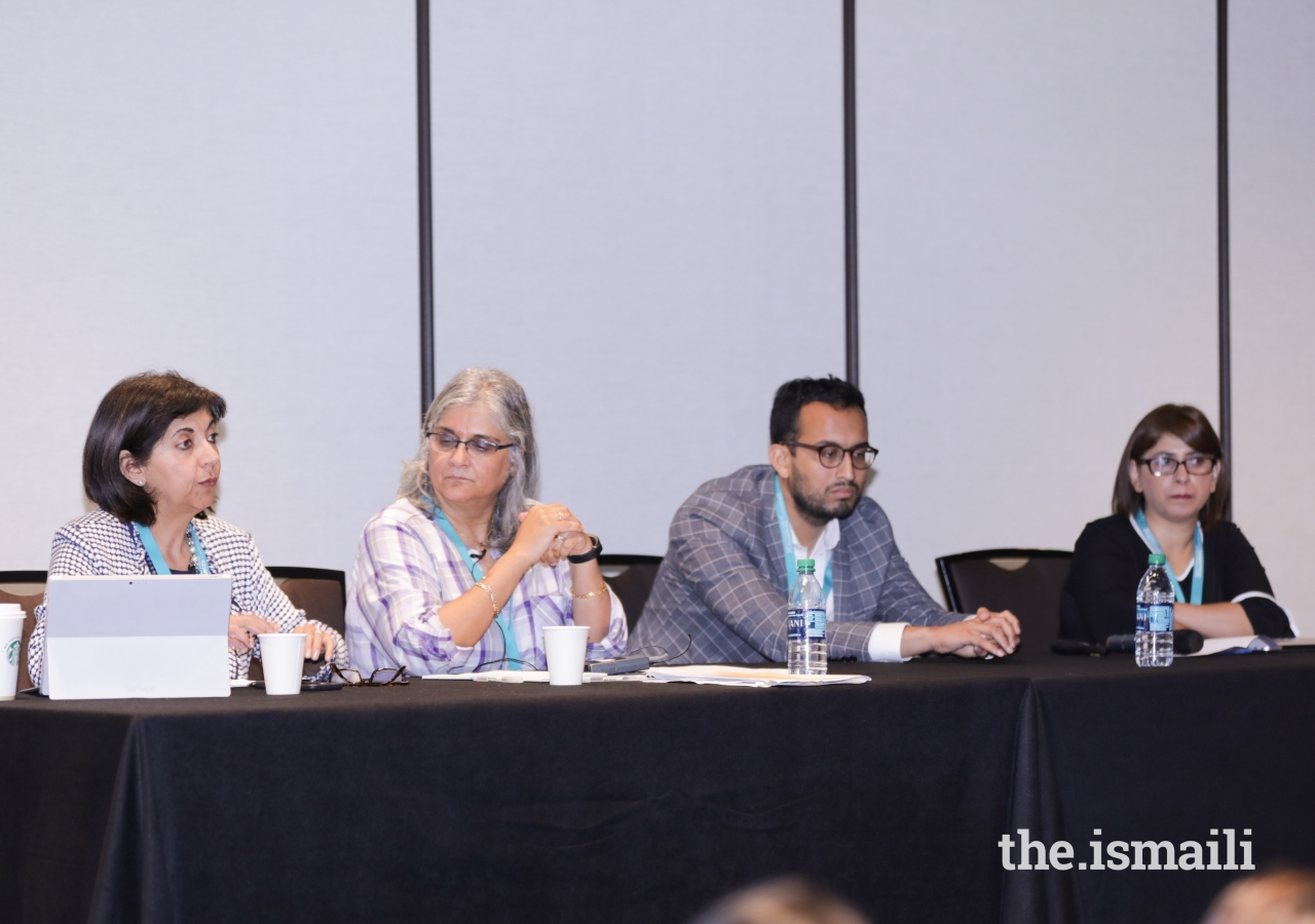 During the Media and Journalism in the 21st century session, speakers Nomaan Merchant, Nadya Shakoor, and Shelina Kassam address the audience and share their personal experiences of being associated with the media industry.