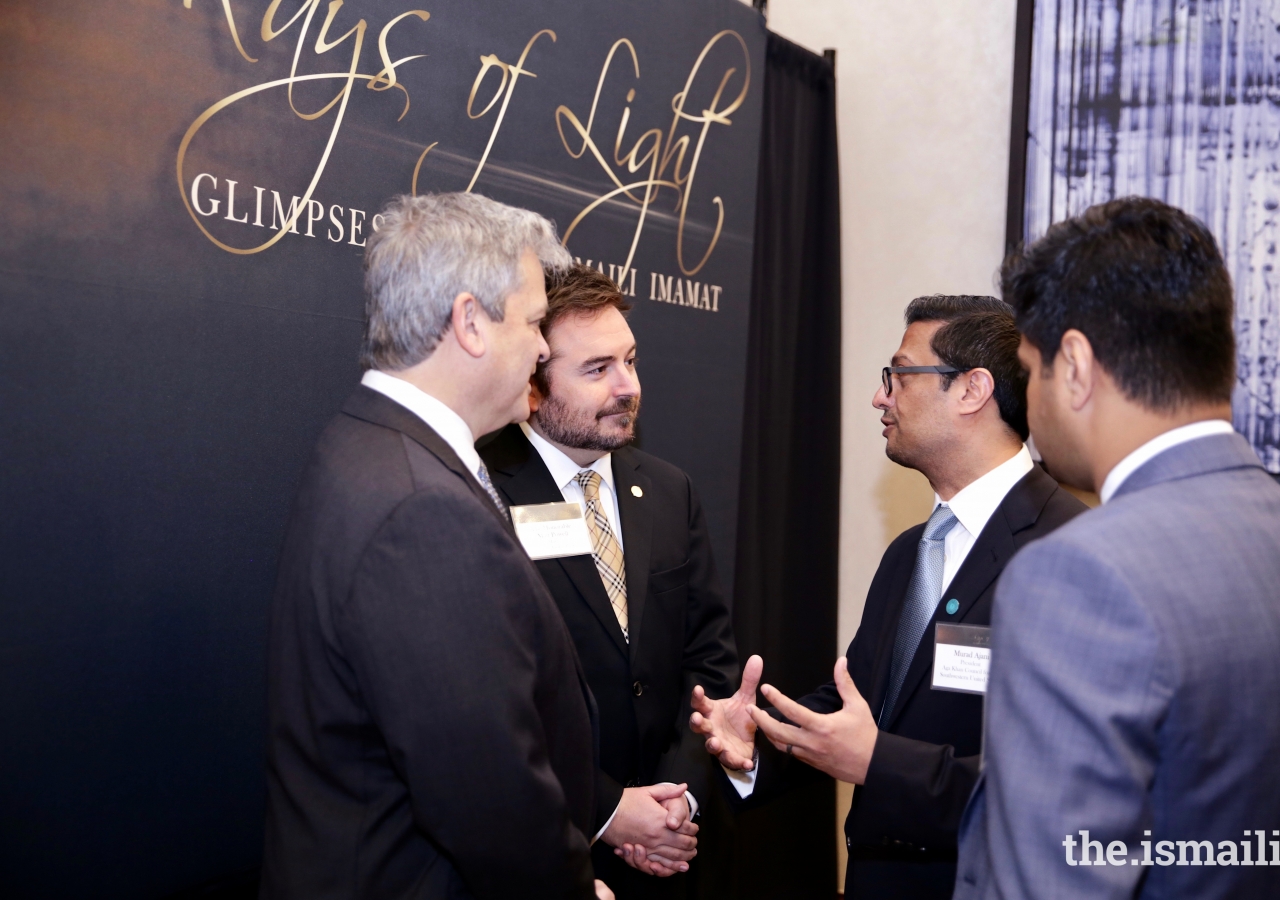 President Murad Ajani discussing the Rays of Light exhibit with Austin Mayor Steve Adler, and Cedar Park Mayor Matt Powell.