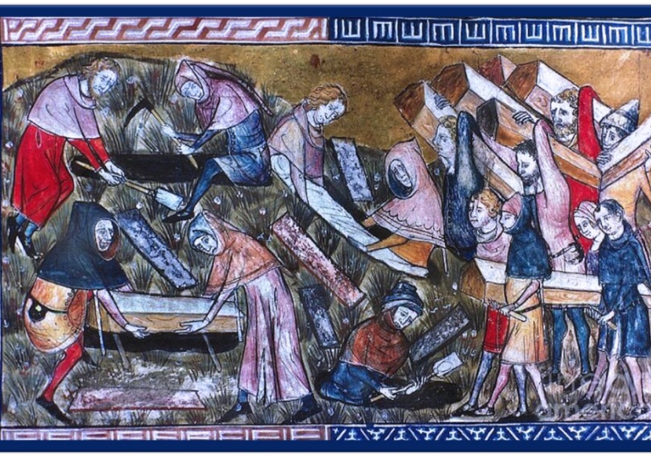 Burial of the dead in Tournai, Belgium, during the Black Death, thought to have killed up to 60 percent of the population in parts of Europe in the 14th century.