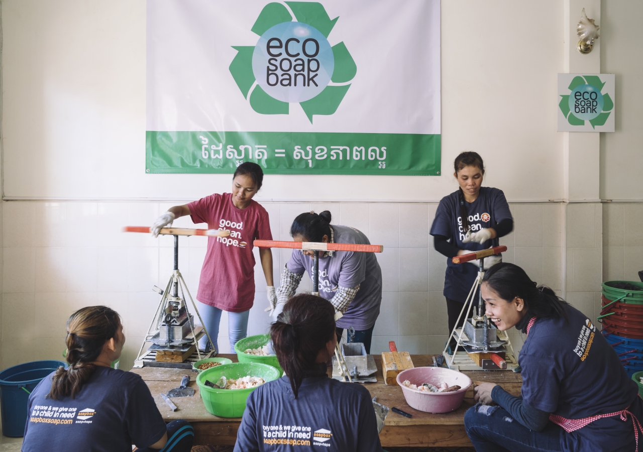 Eco-Soap Bank's Siem Reap team recycling soap. Eco-Soap Bank operates 4 branches in Cambodian cities.