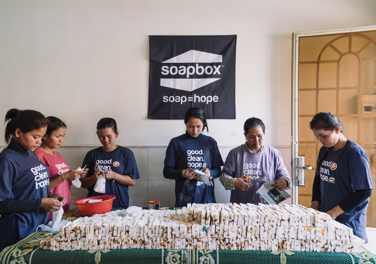 The Eco-Soap Bank’s Siem Reap team packages soap before distribution