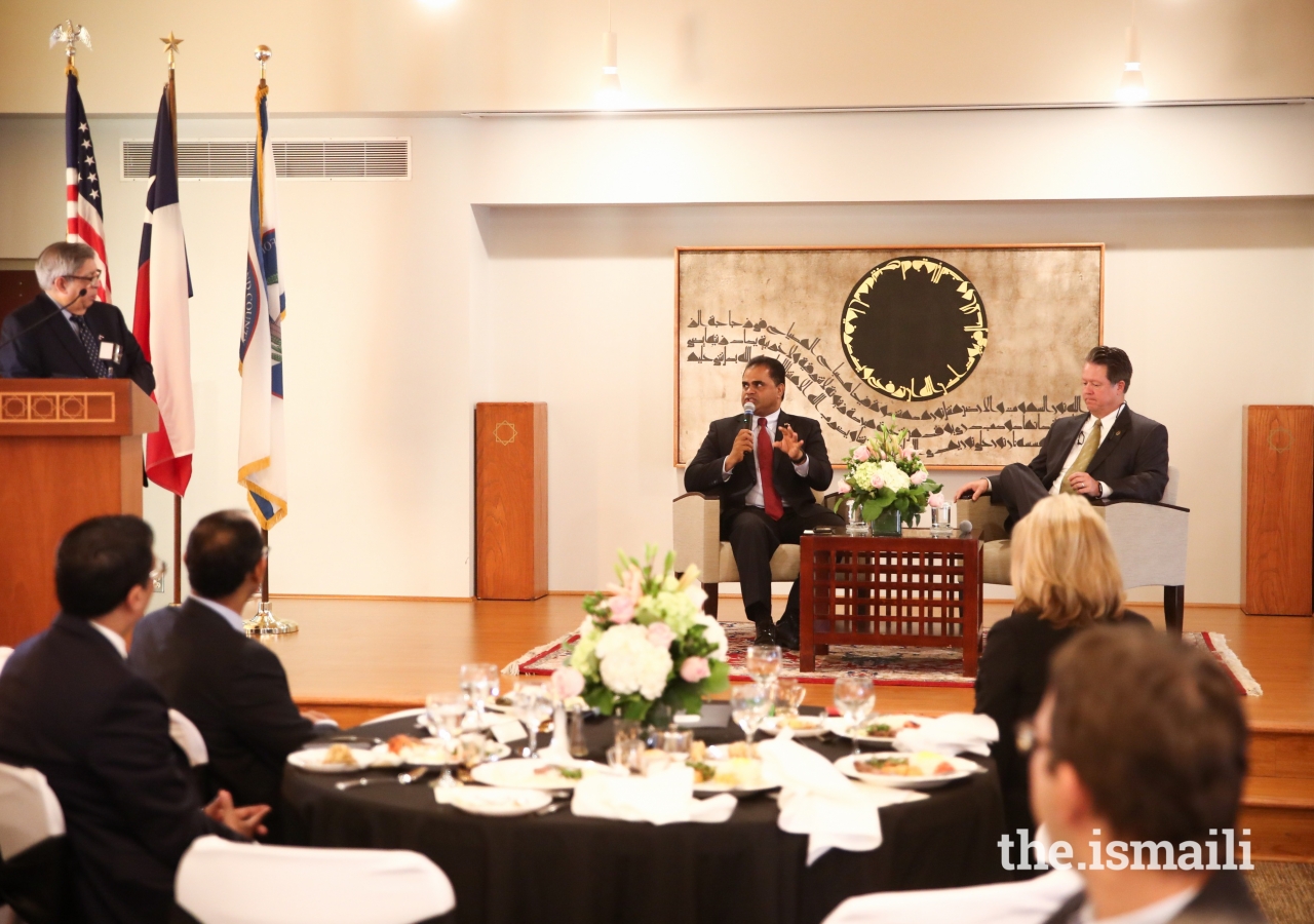 Fort Bend County Judge KP George and Jeffrey C. Wiley, President & CEO of the Fort Bend Economic Development Council, engage in a discussion forum with the Consuls General present.