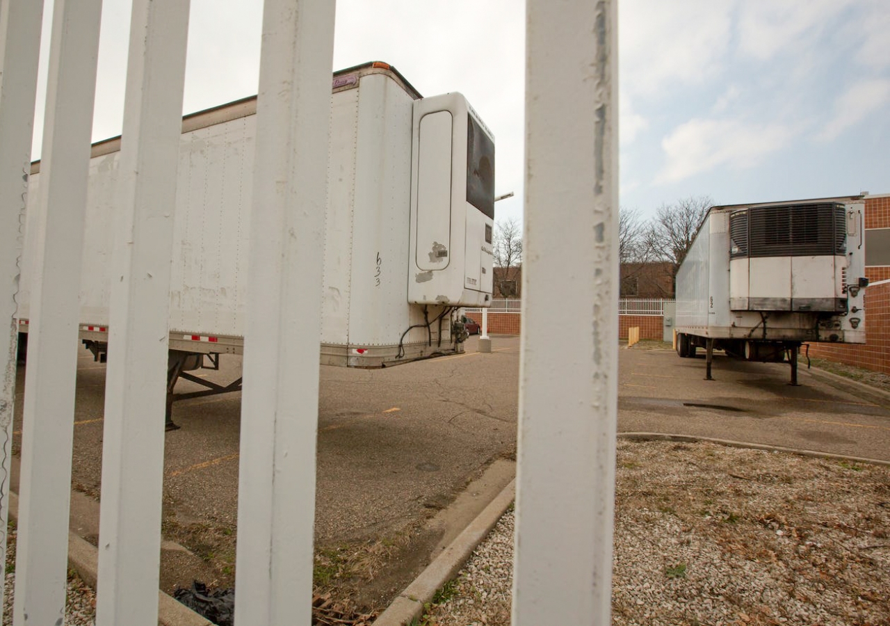 Refrigerated trucks to be used as morgues outside the Wayne County Medical Examiner’s Office, Detroit.