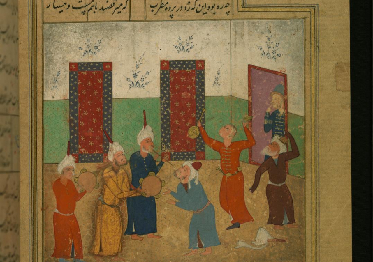 A 16th century Persian miniature painting depicting the ritual of Sama within a Sufi space of worship, from the Walters Art Museum