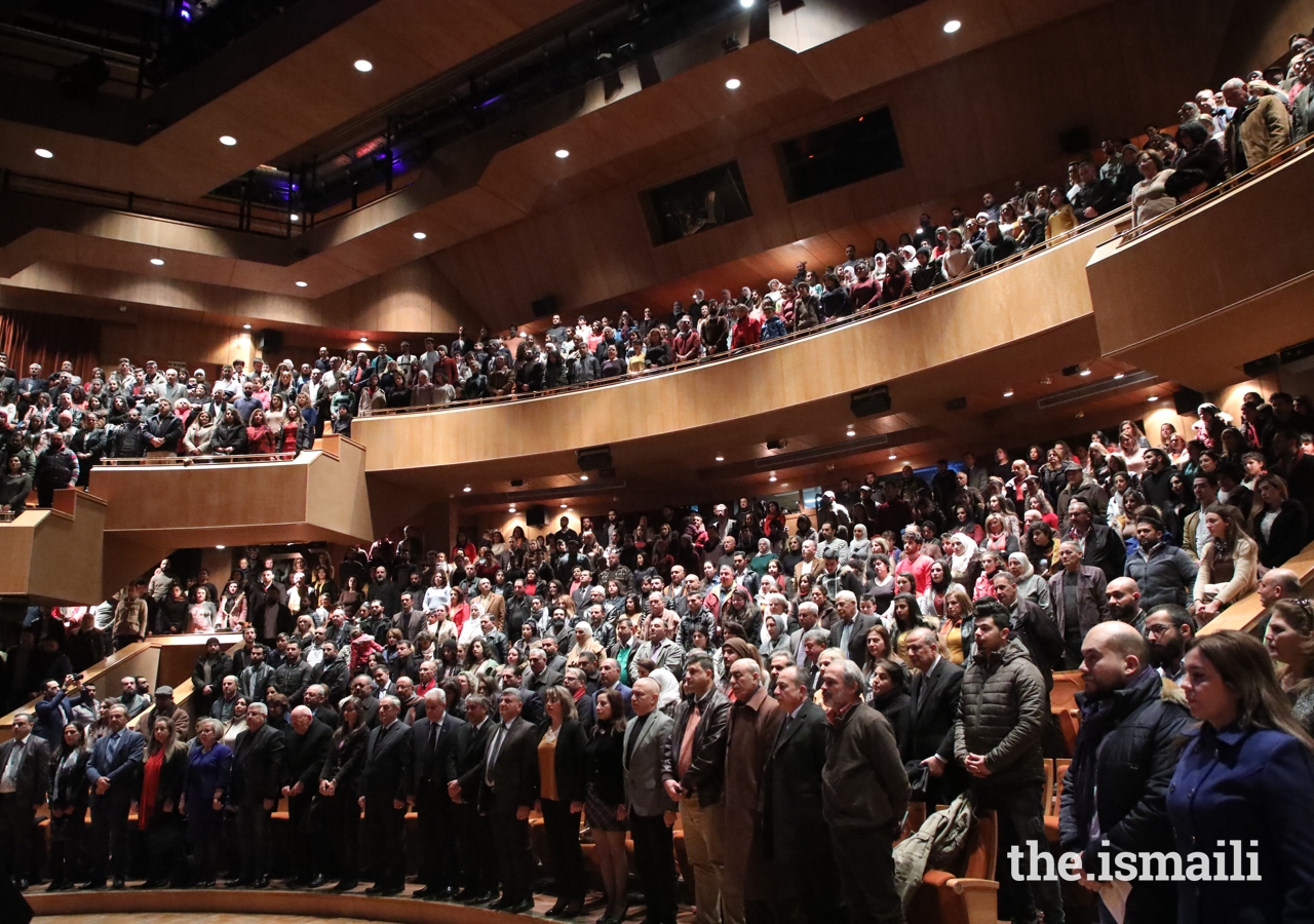 The Damascus Opera House was full for the event, and members of the audience were treated to bright lights and distinctive displays prior to the opening act.