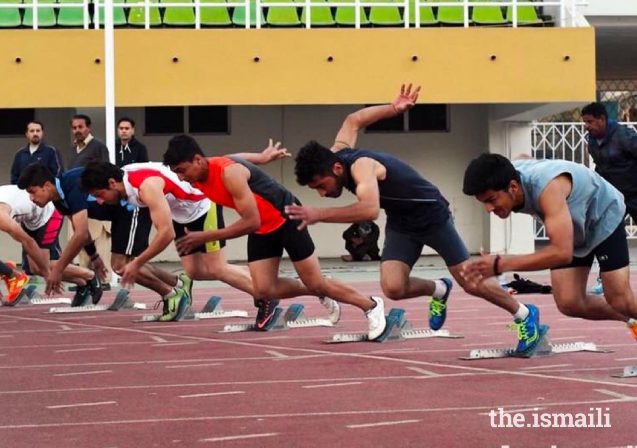 A sprint event on the athletics track at the Diamond Jubilee Sports Festival in Pakistan in 2018.