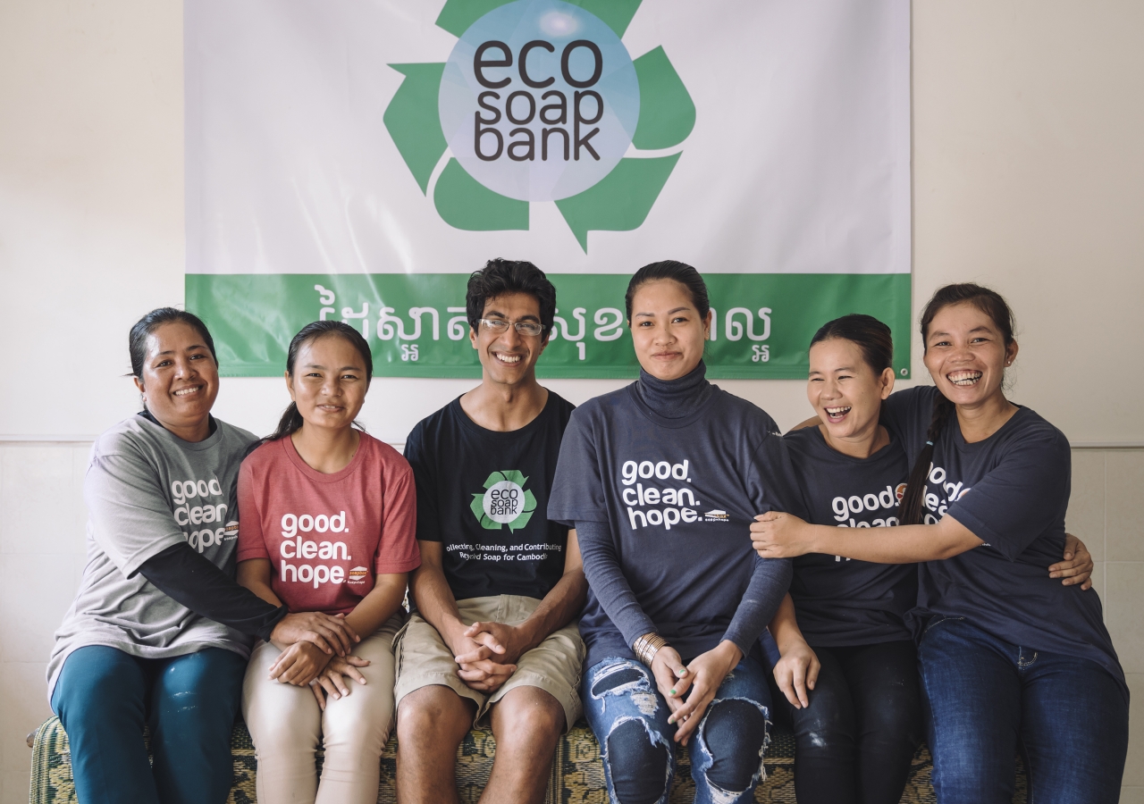 Eco Soap Bank’ Siem Reap team, with founder, Samir Lakhani.