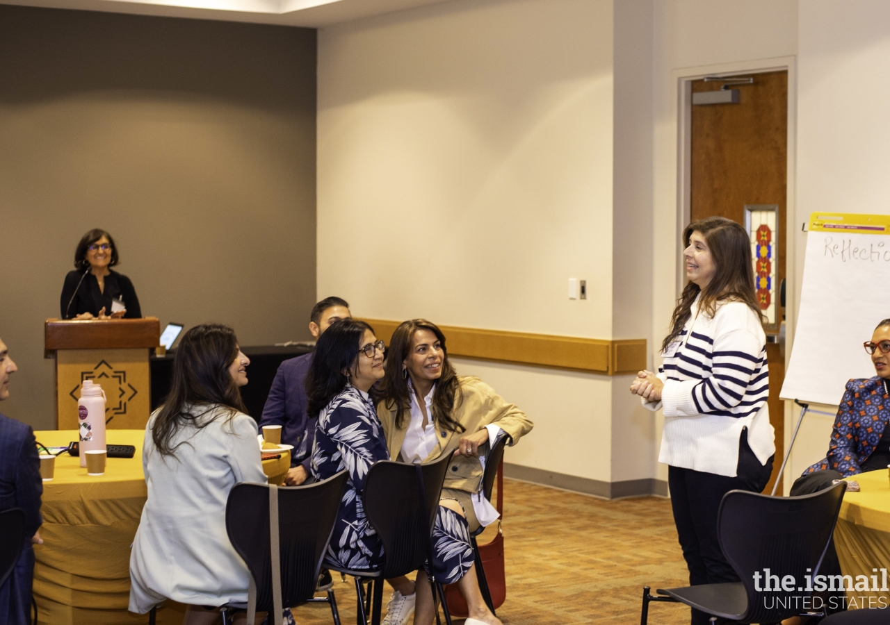 Dr. Salima Moosa expressed her enthusiasm for the Ismaili Civic Leadership Training Program. At the podium, Project Lead Hanifa Haji  who delivered the welcome address and moderated the Q/A session.