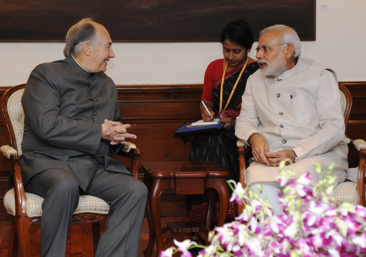 Mawlana Hazar Imam visits with the Honourable Narendra Modi, Prime Minister of India at Panchavati, the official Prime Ministerial residence. Government of India