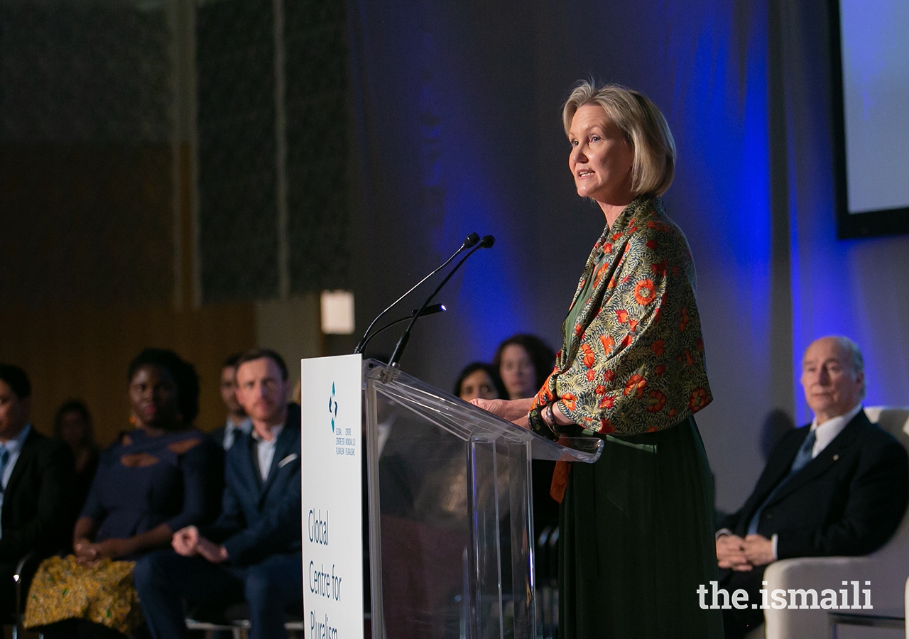 Global Centre for Pluralism Secretary General Meredith Preston McGhie delivers remarks during the Global Pluralism Award ceremony.