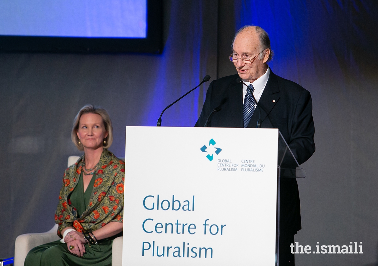 Mawlana Hazar Imam delivers remarks during the Global Pluralism Award ceremony. The Global Centre for Pluralism was founded as a partnership between Mawlana Hazar Imam and the Government of Canada.