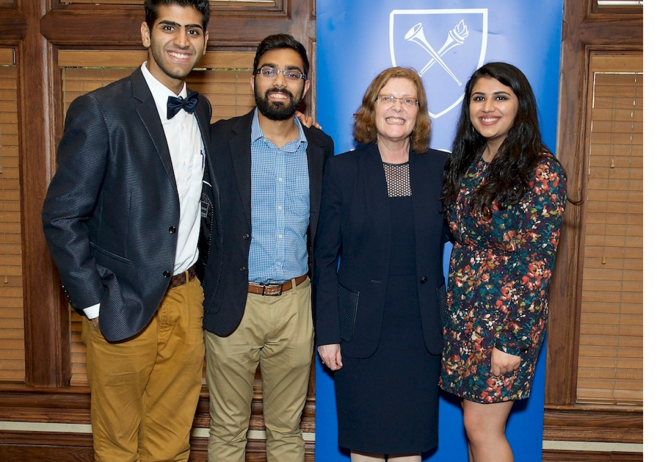 Emory University’s President Claire Sterk honors three Ismaili graduates as Emory University's 100 Senior Honorary for 2017. (From left): Naveed Noordin, Areesh Abdulla, President Sterk, and Karishma Ratnani.