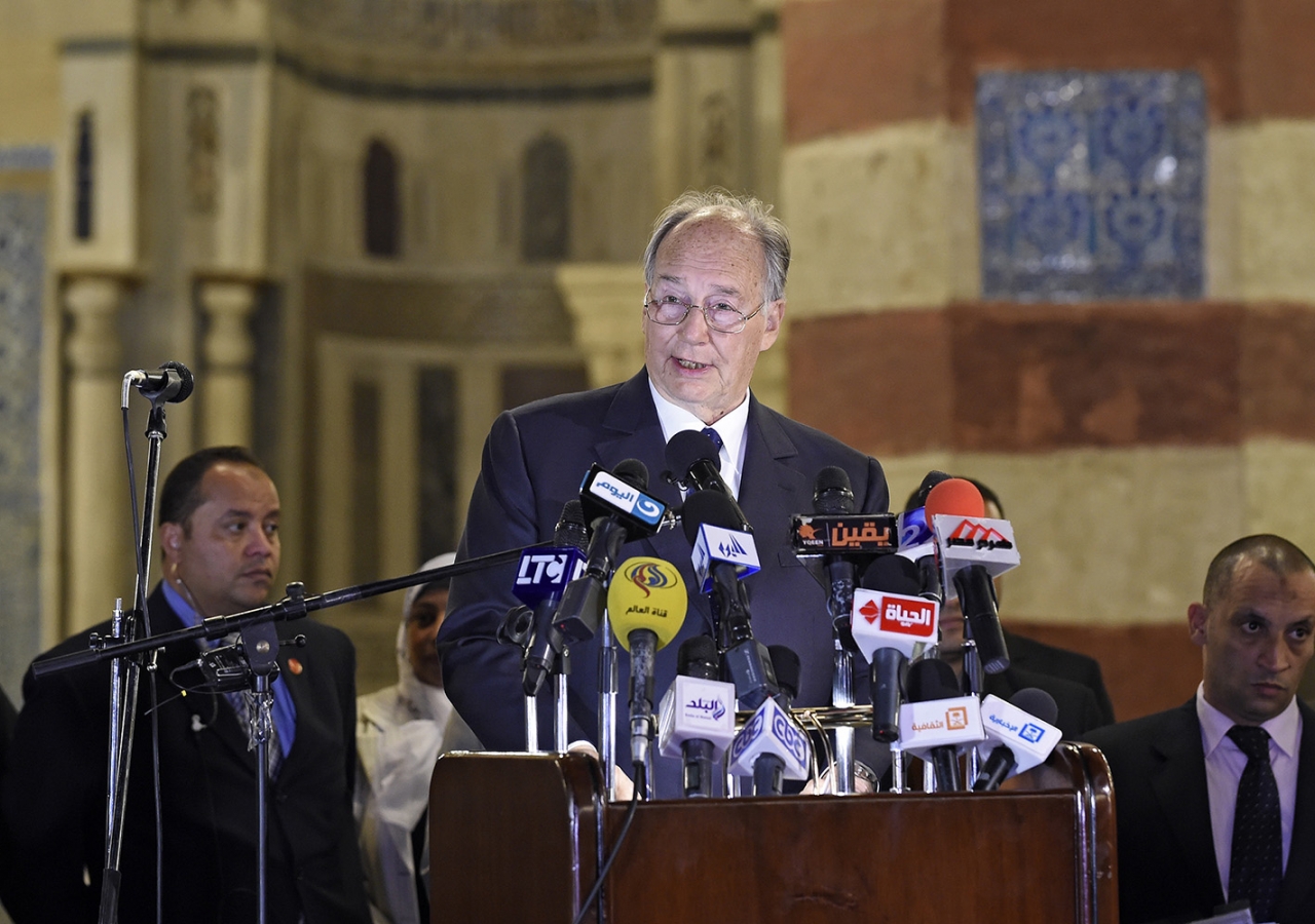 Mawlana Hazar Imam speaking at the inauguration ceremony marking the completed restoration of the Aqsunqur Mosque in Cairo, Egypt. AKDN / Gary Otte