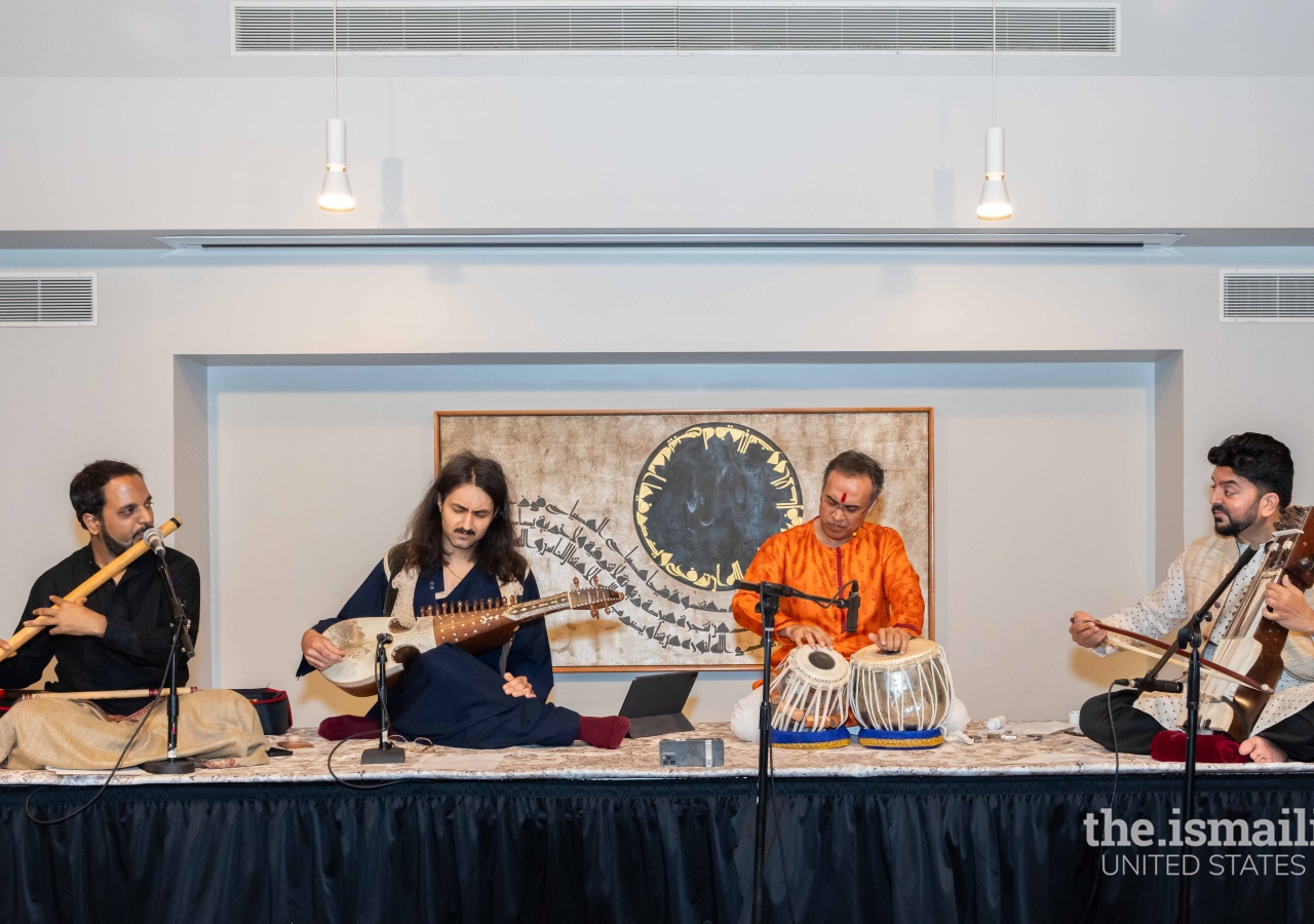 Delhi to Kabul artists (left) bansuri (flute) Jay Gandhi, Qais Essar on rubab, Sandeep Das on tabla, and Suhail Yusuf Khan with his sarangi instrument.