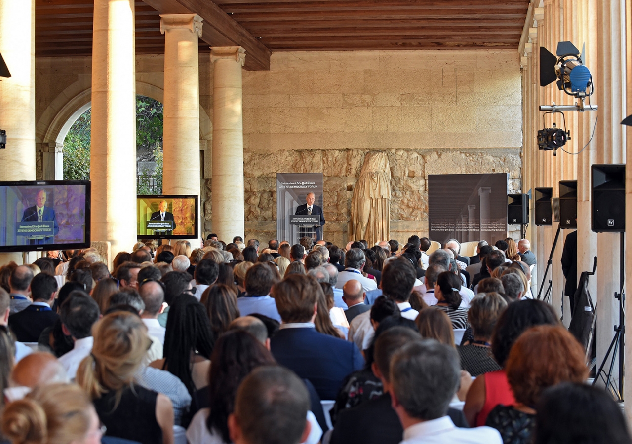 Mawlana Hazar Imam delivers a keynote speech at the 2015 Athens Democracy Forum held in the Stoa of Attalos. AKDN / Gary Otte