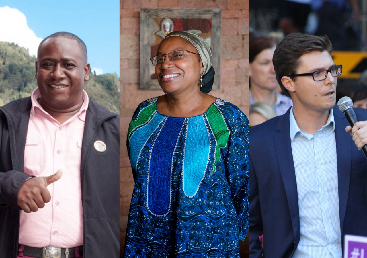 Left to right: Global Pluralism Award winners Leyner Palacios Asprilla of Colombia, Alice Wairimu Nderitu of Kenya, and Daniel Webb of Australia. 