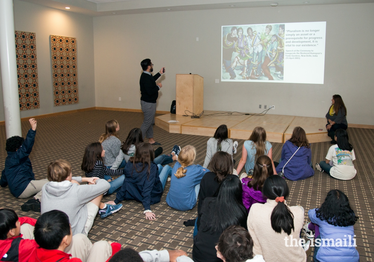 Nadir Wazir, a Secondary Teacher Education Programme (STEP) teacher, leads a discussion about pluralism in the Social Hall at the Ismaili Jamatkhana.