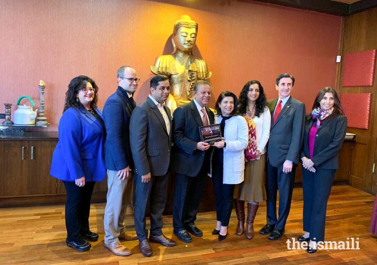 Senator Anna Kaplan between Nanking Asian Fusion Restaurant owners Akbar Himani, Harkesh Yadav, and Sabina Himani receiving their award. Photo: Senator Anna Kaplan’s Office.