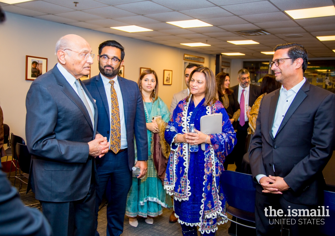 Dr. Shamsh Kassim-Lakha in conversation with Southwest Council President Murad Ajani and Hon. Sec. Irfan Ali at Houston Principal Jamatkhana.