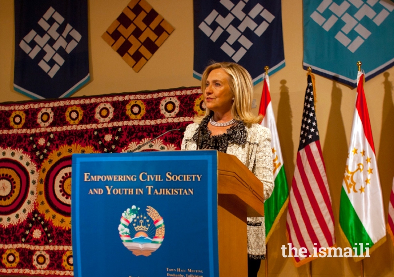 Former US Secretary of State Hillary Clinton speaks at a town hall meeting focussed on youth, hosted at the Ismaili Centre Dushanbe.